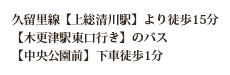 久留里線【上総清川駅】より徒歩15分【木更津駅東口行き】のバス【中央公園前】下車徒歩1分